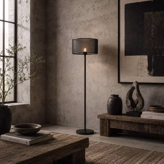Wyld Haus Mira Minimalist Black Metal Floor Lamp with Double Layer Fabric Shade, H 152.5 cm x W 33 cm x D 33 cm – 1