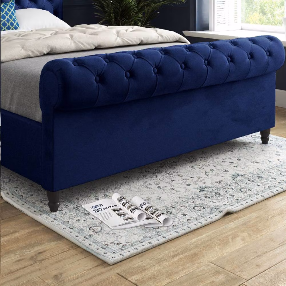 KDMD Welshampton Sleigh Upholstered Designer Bed Frame in Blue Soft Velvet, W/D/H: 120 x 200 cm – 4