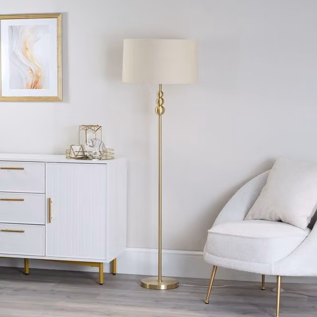 ValueLights Marissa Brushed Gold Floor Lamp with Fabric Drum Shade in Beige and Gold/Brass
