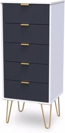 Welcome Linear 5 Drawer Tall Narrow Chest of Drawers in Grey and Gold