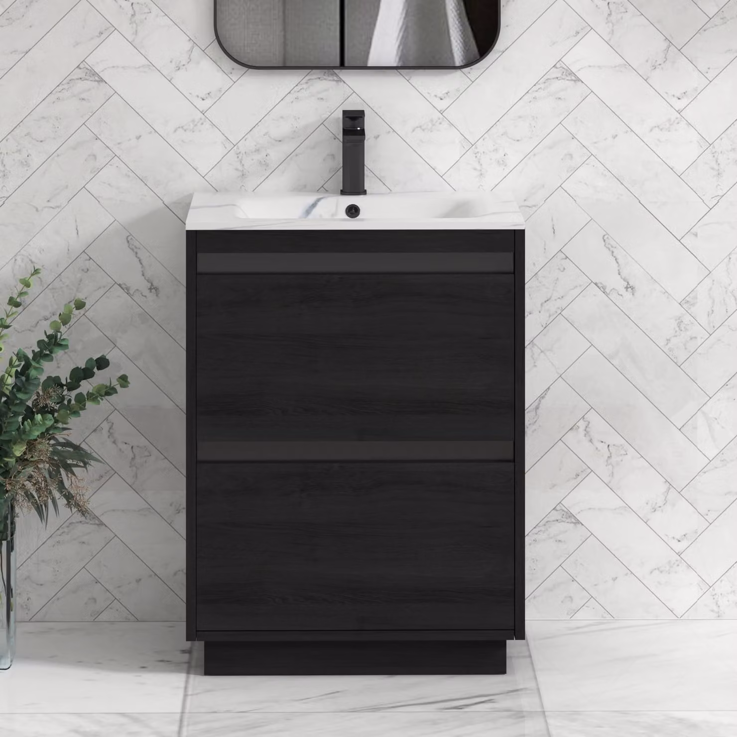 Royal Bathrooms Orion 600mm Floor Standing 2 Drawer Vanity Unit in Hale Black with Carrara White Basin and Black Accent Trim