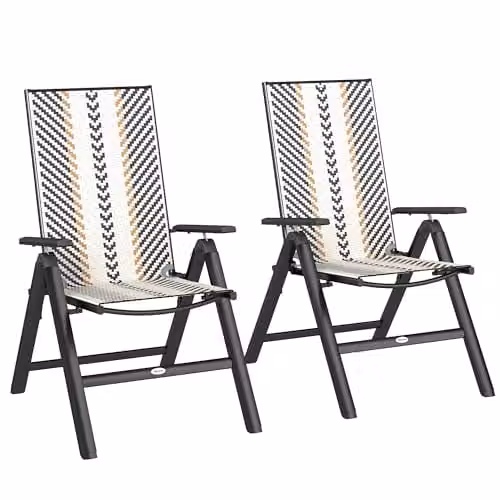 Outsunny Set of 2 Folding Rattan Garden Chairs in Black with 5-Position Reclining High Back and Armrests