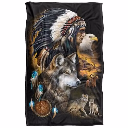 JQ Licensing Native American Wolf and Eagle Super Soft Snuggle Blanket, Multicolour, 91.44 x 147 cm
