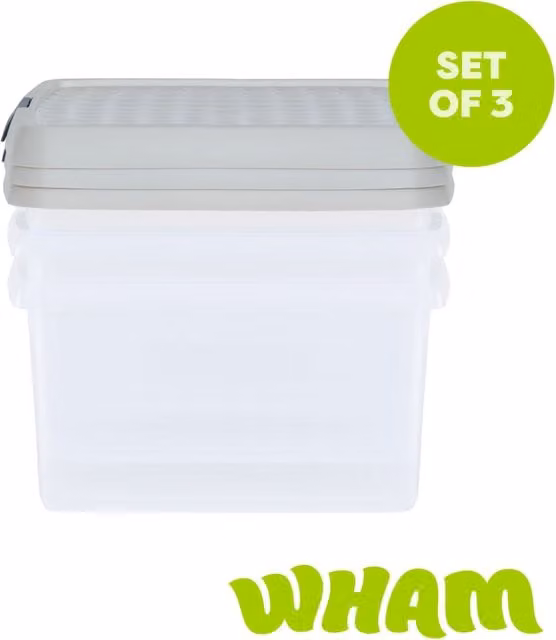Wham Set of 3 Stackable 9L Square Plastic Storage Boxes with Lids in Beige and Transparent