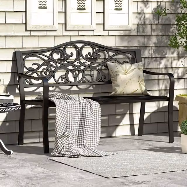 Costway Black Metal Garden Bench with Armrests, W: 127 cm