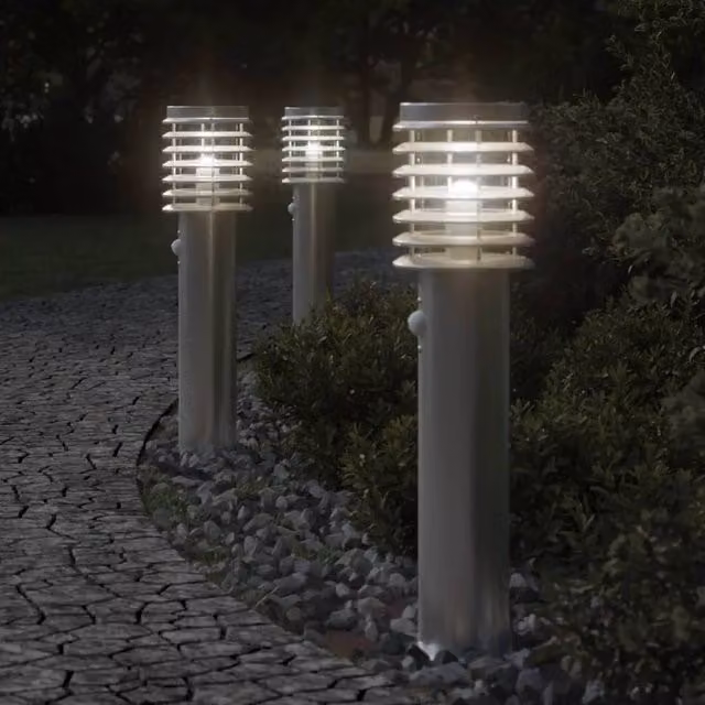 Berkfield Home Set of 3 Silver Stainless Steel Outdoor Motion Sensor Floor Lamps, Height: 60 cm