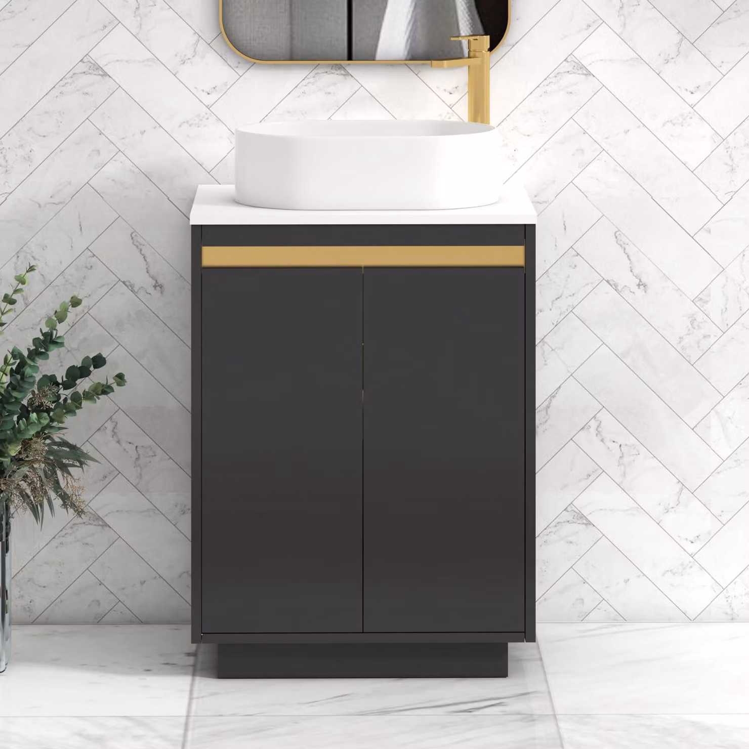 Royal Bathrooms Orion 600mm Matt Obsidian Black and Plain White Floor Standing 2 Door Vanity Unit with Peak Basin and Brushed Brass Accent Trim