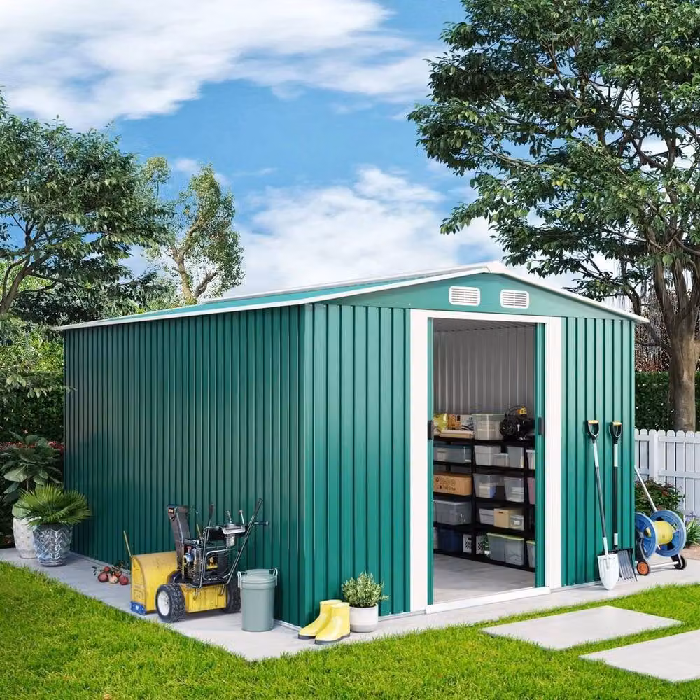 FLAVORA Green Metal Garden Storage Shed with Double Doors – 2