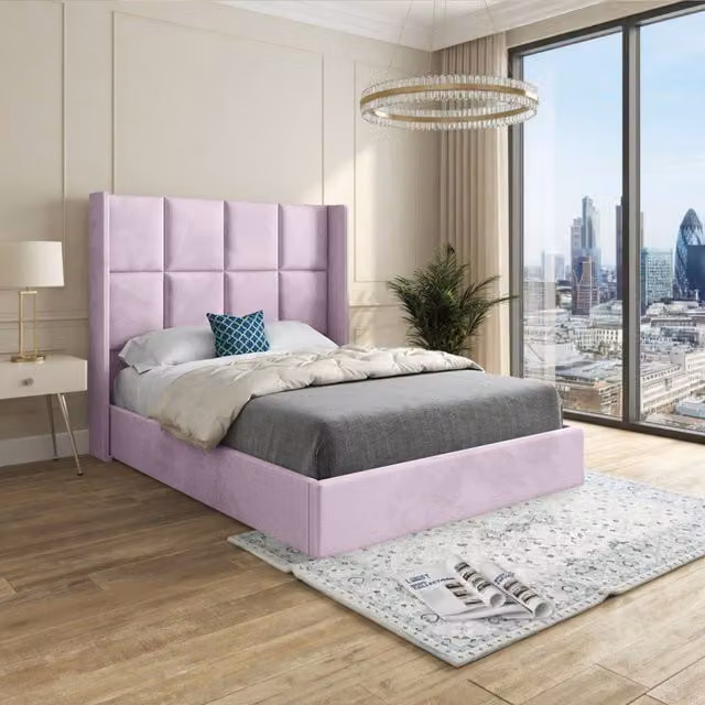 KDMD Stafford Winged Upholstered Designer Bed Frame in Pink Soft Velvet, W/D/H: 137 x 128 x 120 cm