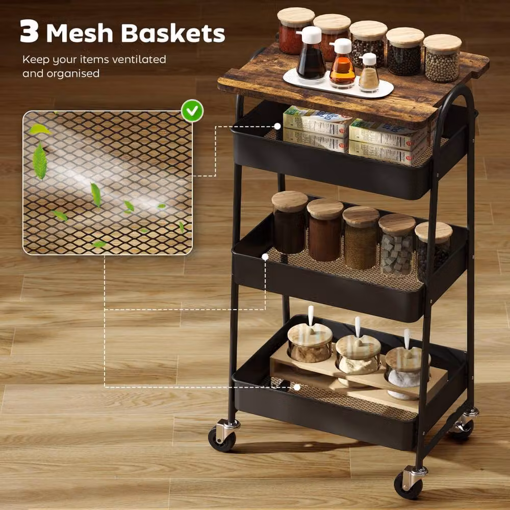 Wyld Haus Rottola 3 Tier Industrial Kitchen Trolley in Brown and Black, W/D/H: 77.5 x 45 x 32 cm – 4