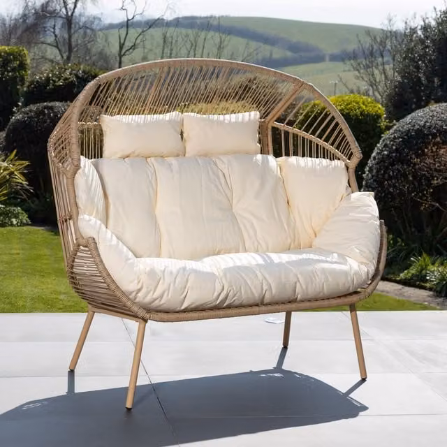 Artemis Home Cocona 2 Seat Standing Egg Chair in Beige and Yellow with Sun Canopy and Weatherproof Cushions