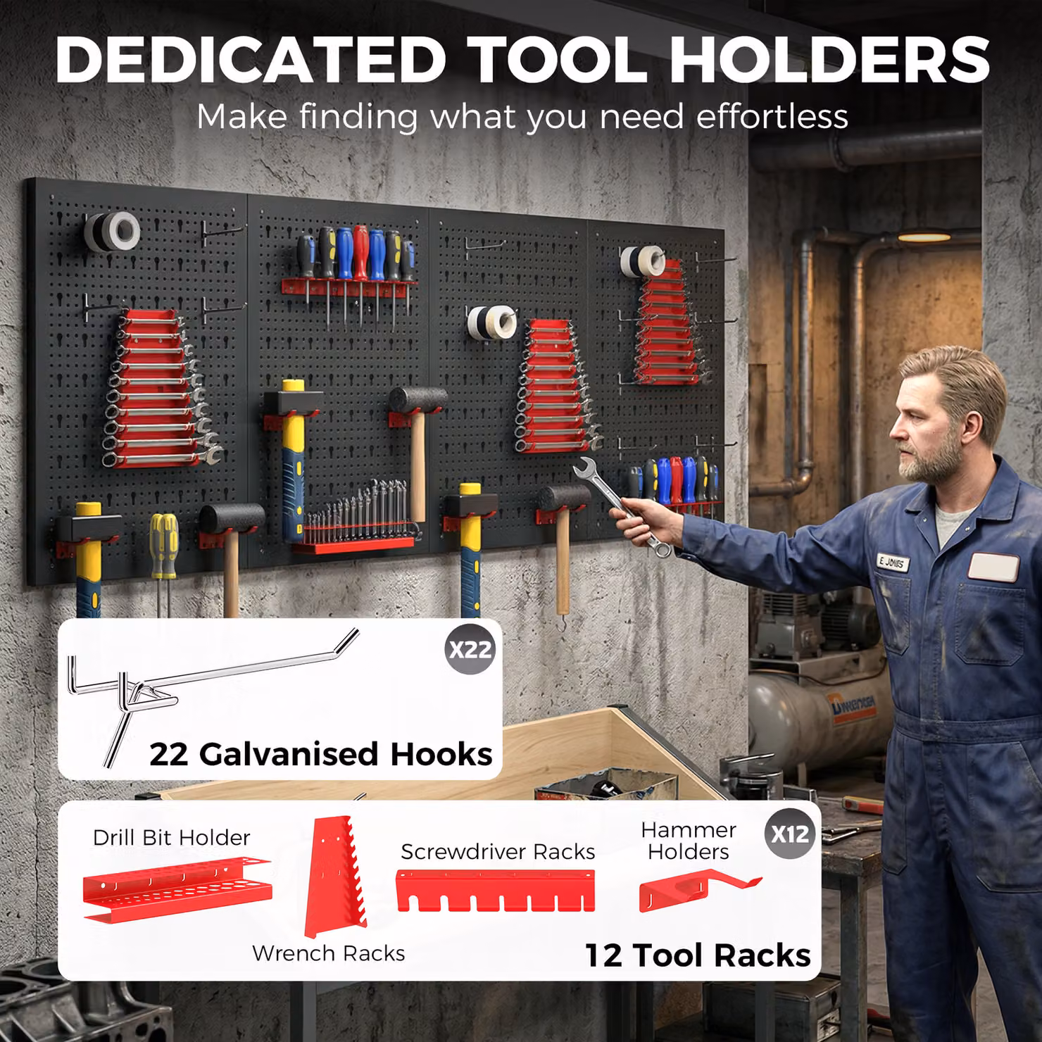 HOMCOM 38-Piece Wall-Mounted Steel Pegboard Garage Tool Storage Unit with 4 Boards in Black and Red – 4
