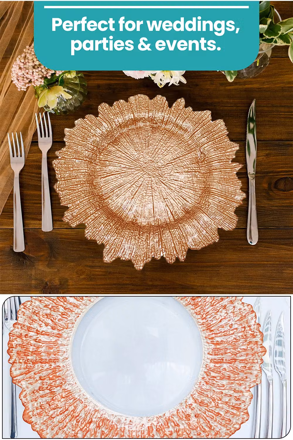 Neel Blue Set of 12 Vintage Design Glass Charger Plates in Blue and Metallic Gold, Diameter: 33 cm – 3