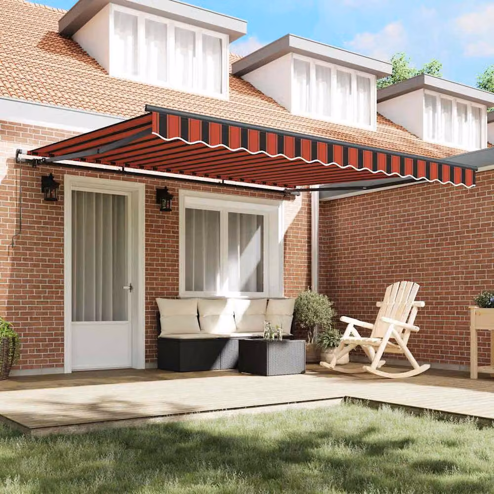 Berkfield Home Manual Retractable Folding Arm Awning in Orange and Brown Striped Polyester, W: 400 cm, D: 300 cm – 3