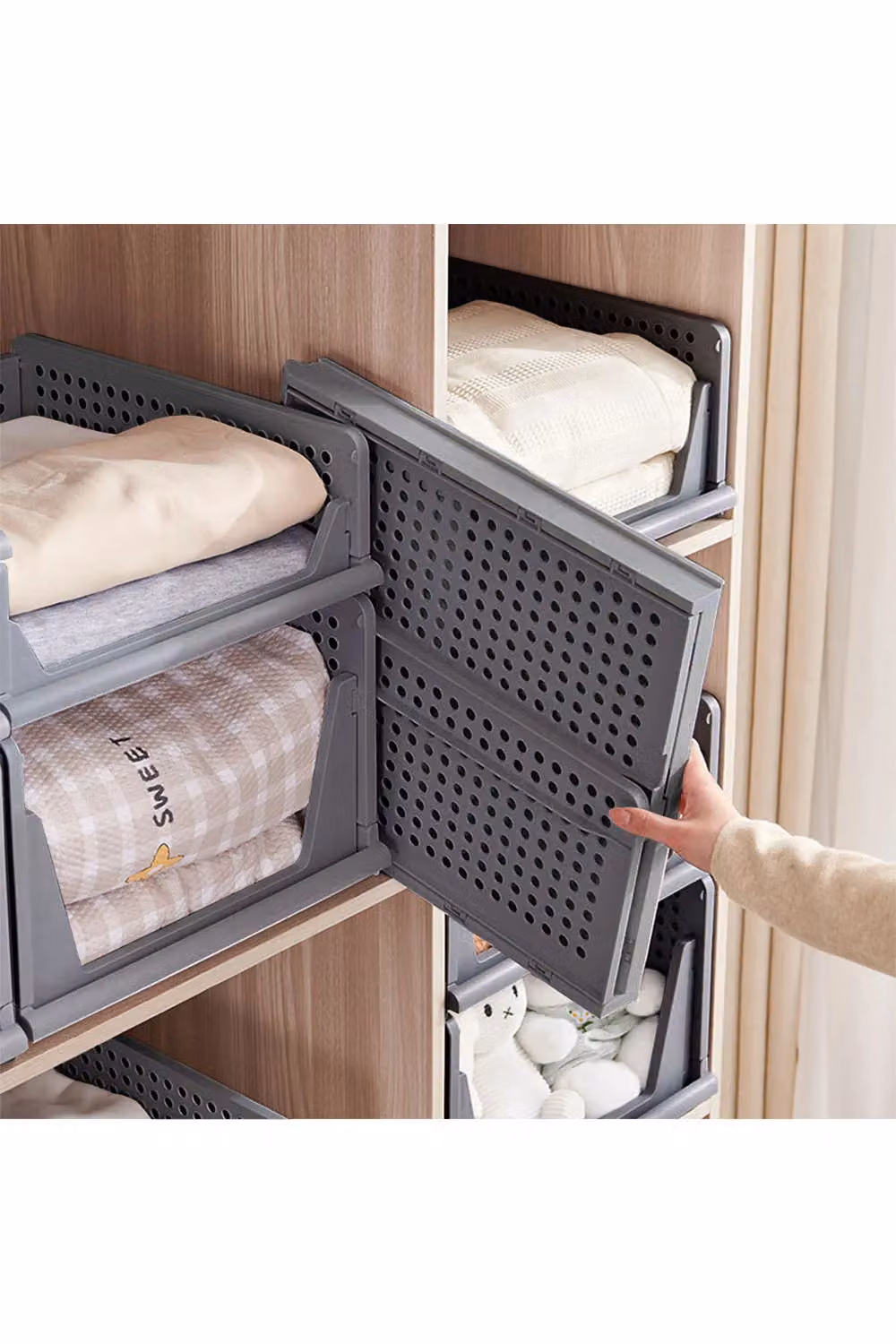 Living and Home Set of 3 Grey Foldable and Stackable Plastic Storage Boxes for Wardrobes, Toys, Kitchens or Bedrooms – 3