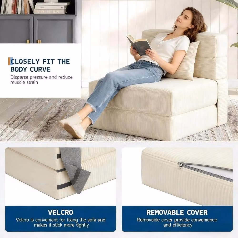 VOGREX 4-Fold Convertible Sleeper Chair Futon Sofa Bed with Armrests in Beige – 4