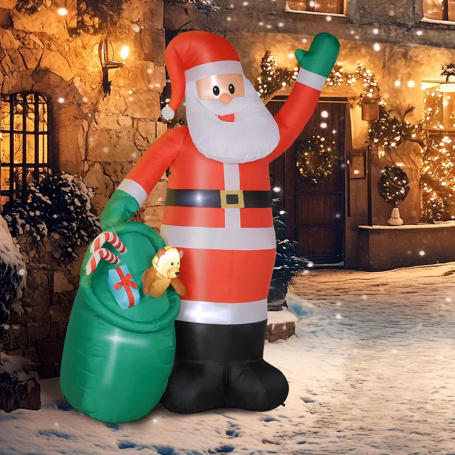 Outsunny 275 cm Inflatable Christmas Santa with Bear Sack and Built-in LED Lights in Red – 7