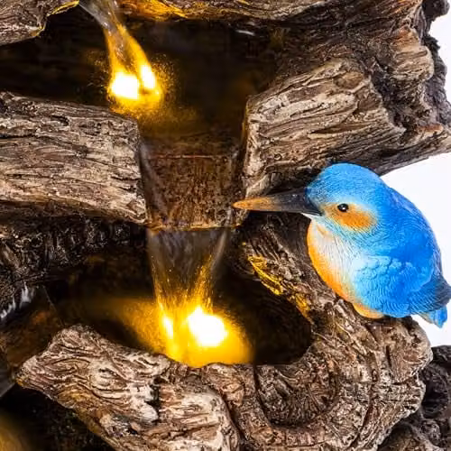 Serenity Cascading Tree Trunk Water Feature with LED Lights and Two Kingfishers in Brown and Blue, Height: 63 cm – 2