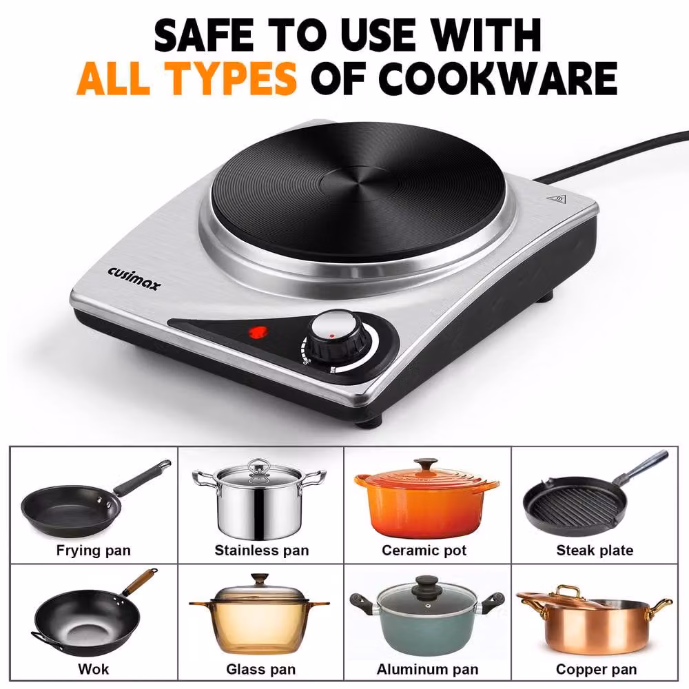 Cusimax Silver 1500W Portable Single Cast Iron Hot Plate with Analog Dials, Diameter: 33 cm – 4