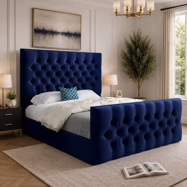 Casani Porthcawl Blue Velvet Upholstered Chesterfield Bed Frame W/D/H: 137 x 120 x 128 cm