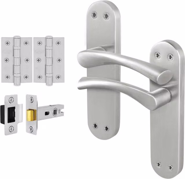 AFIT Satin Nickel Twist Handle Latch and Hinges Set with Novi Backplate in Silver – 1
