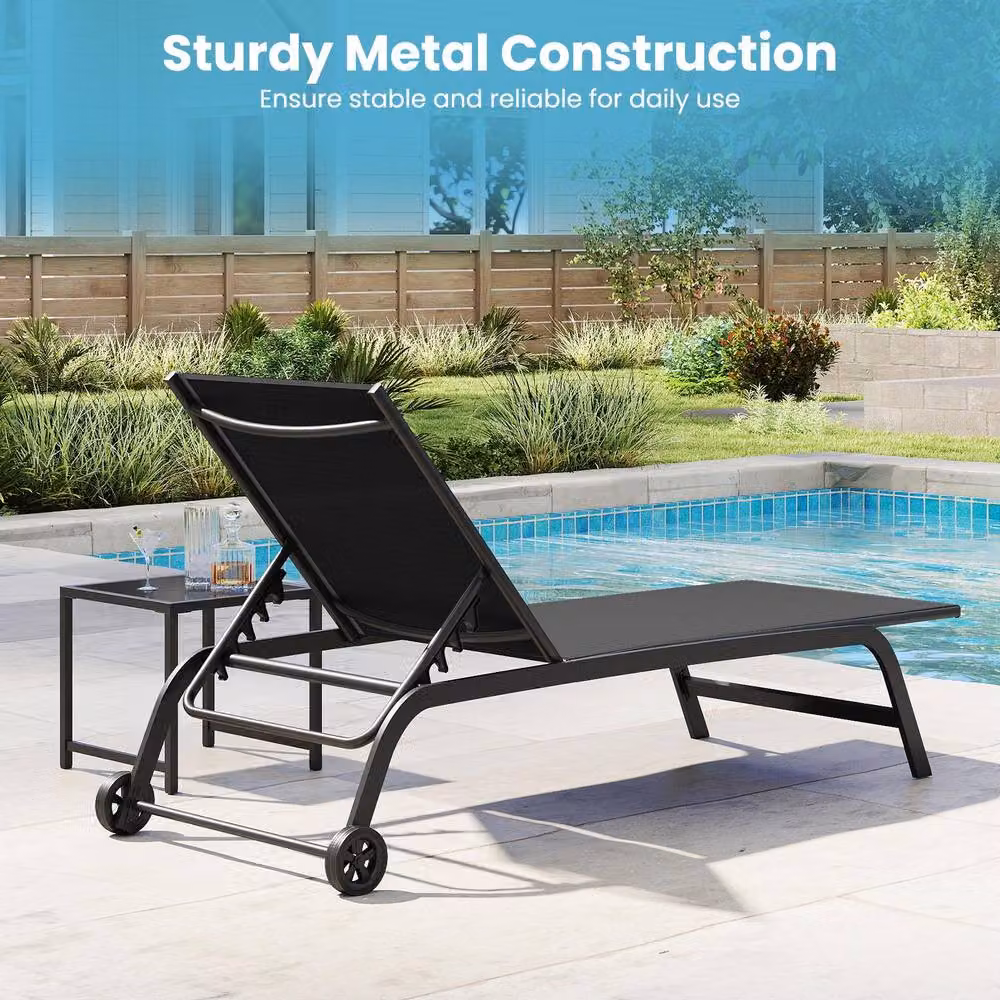 Gymax Outdoor Chaise Lounge Chair in Black with 6-Position Recliner, Adjustable Headrest, Side Tray and Castors – 6
