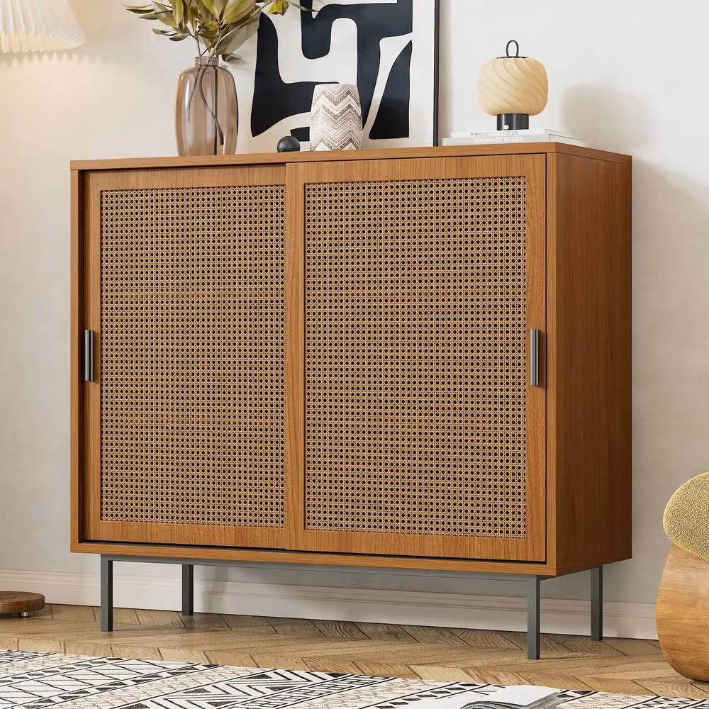 Matteo Walnut Rattan Sliding Barn Door Sideboard in Brown – 1