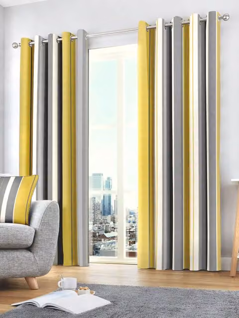 Fusion Whitworth Stripe Fully Lined 100% Cotton Eyelet Curtains in Yellow, Width: 168 cm, Drop: 183 cm – 1