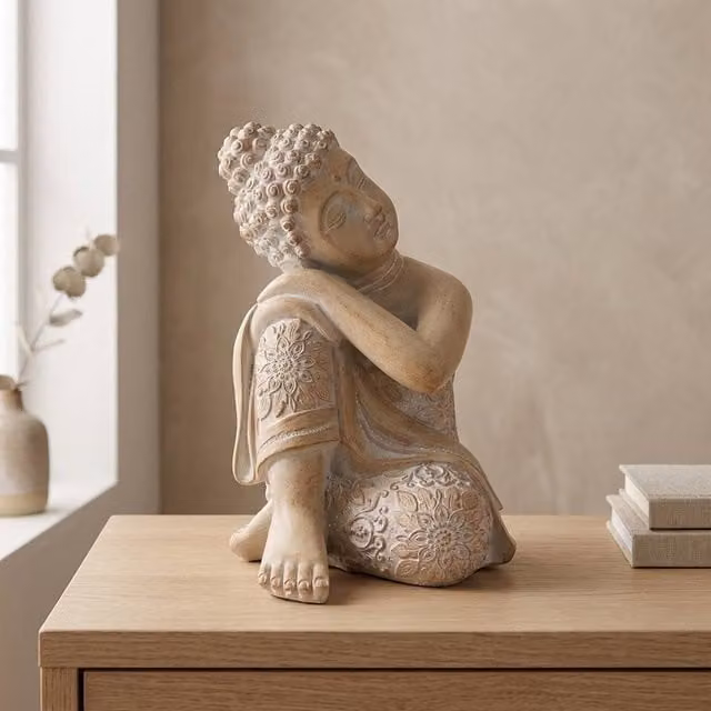 Garden Greatness Carved Stone Buddha Figurine Ornament in Beige for Tabletop and Oriental Floral Decor