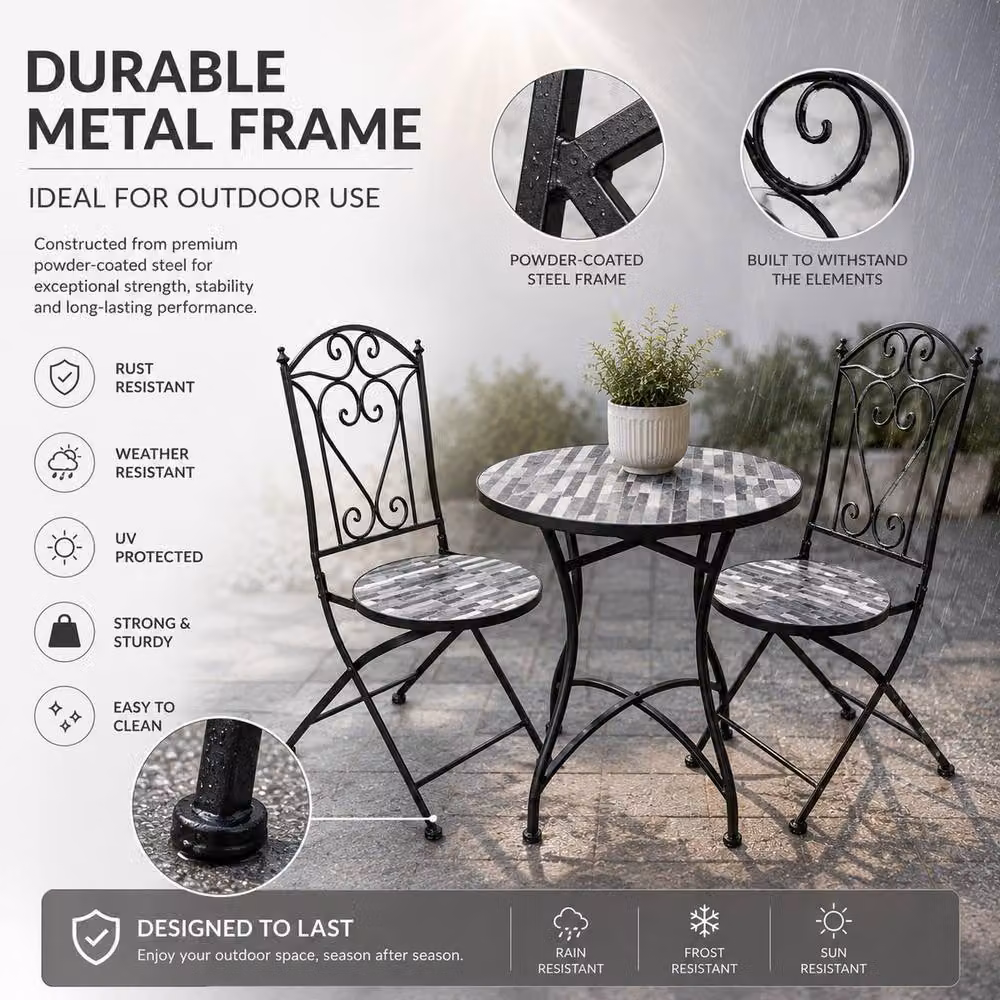 Shatchi Mosaic Bistro Set with Ceramic Round Table and Folding Chairs in Multicolour – 2