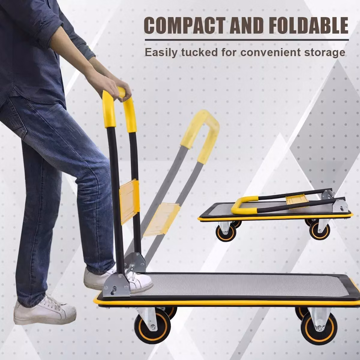 Costway Folding Push Cart Dolly Moving Hand Truck Rolling Flatbed Platform Cart, Yellow Steel, 300kg Capacity – 5