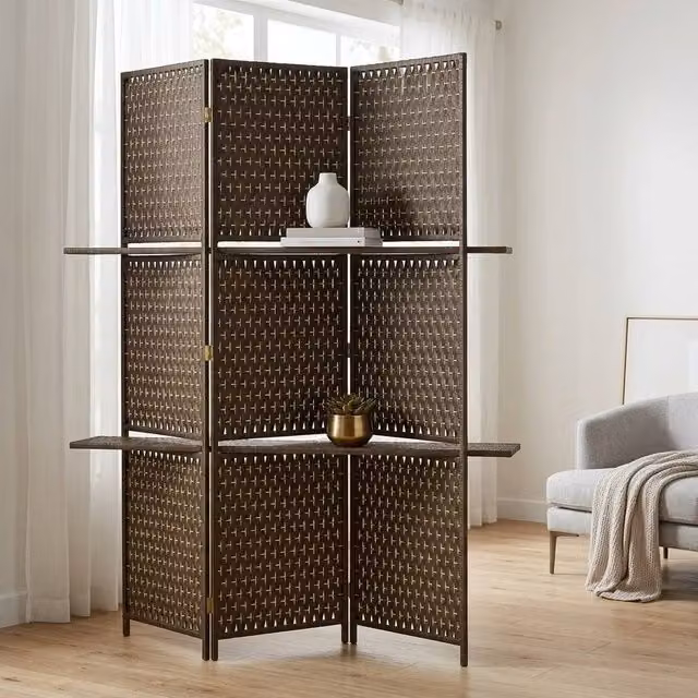 STILVORA 4-Panel Retro Room Divider with Shelves in Brown Wood and Rattan, H 181 cm x W 180 cm – 1