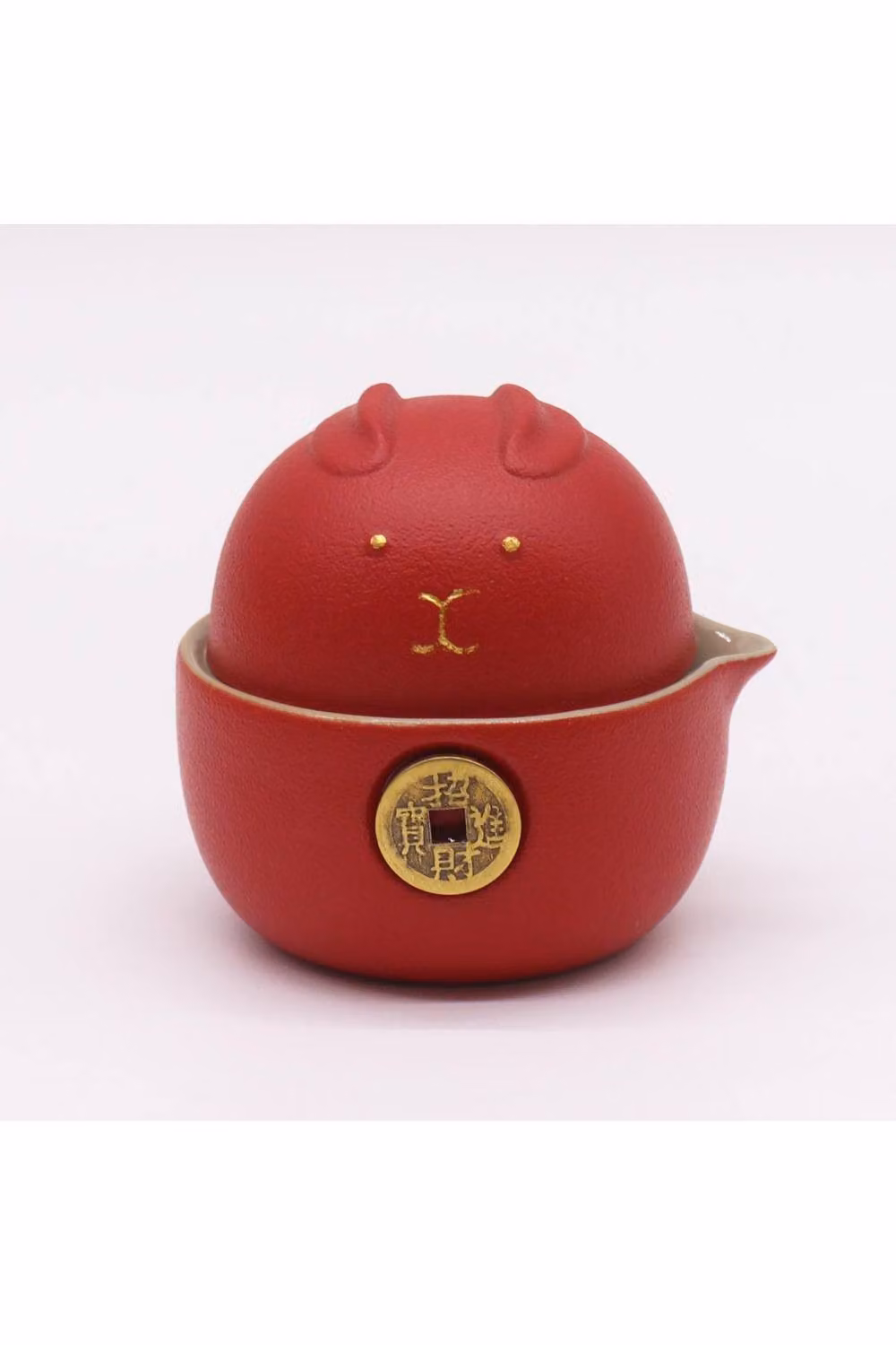 KDMD Money Cat Ceramic Teapot Set with 2 Cups and Infuser, Red and Gold Prosperity Design – 2