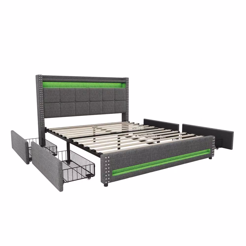 Matteo Double Upholstered Bed in Grey with 4 Storage Drawers, USB Charging Ports and Under-Bed Lighting, 140 x 200 cm – 2