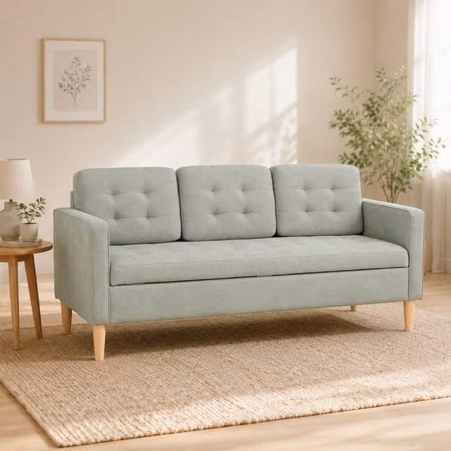 STILVORA Upholstered Sofa with Hidden Lift-Up Storage and Solid Rubberwood Frame in Grey