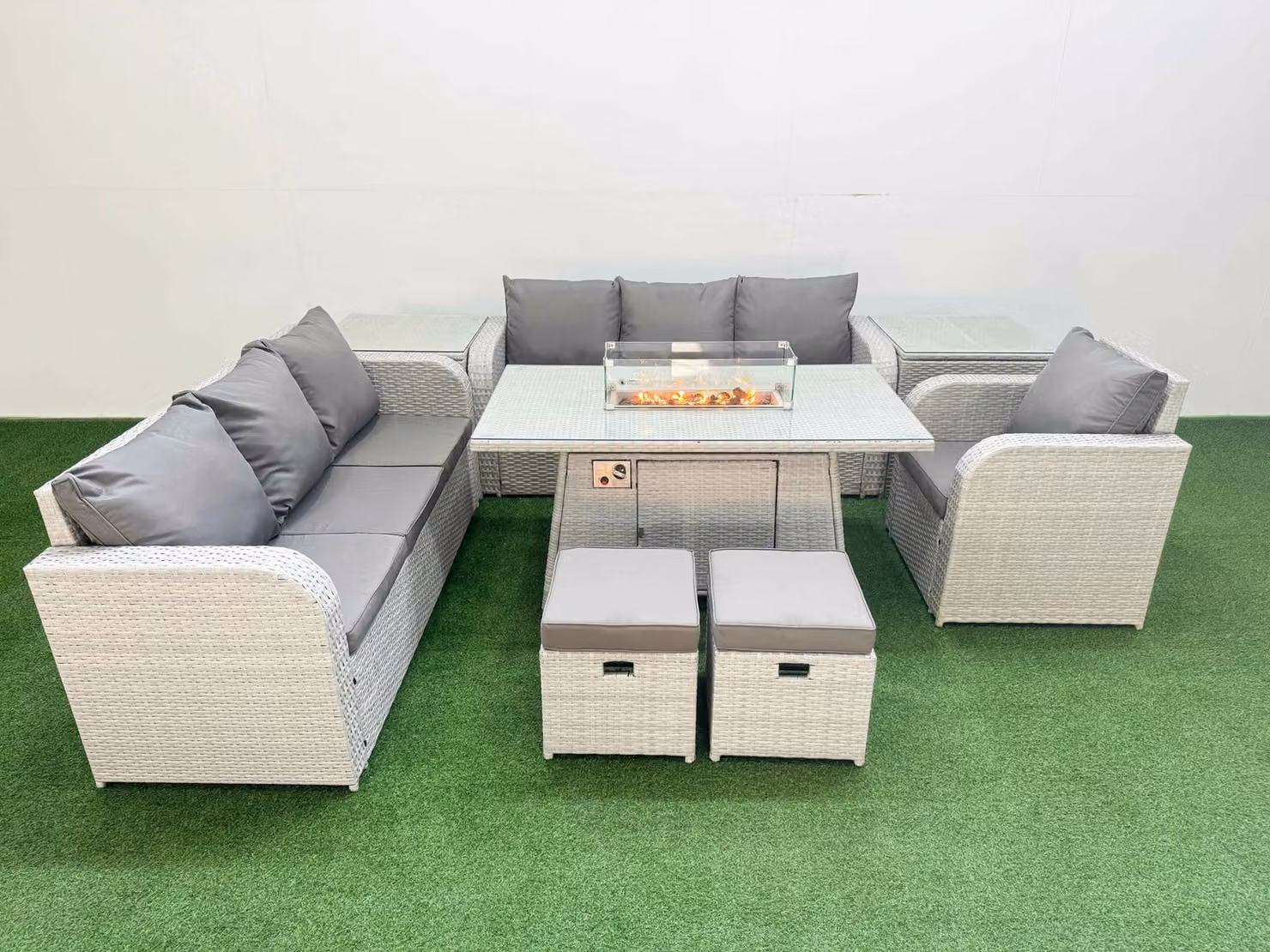 Fimous 9 Seater Poly Rattan Outdoor Garden Furniture Set in Grey with Firepit Dining Table, 3 Seater Sofa, Reclining Chair, 3 Seater Sofa Stools and 2 Side Tables