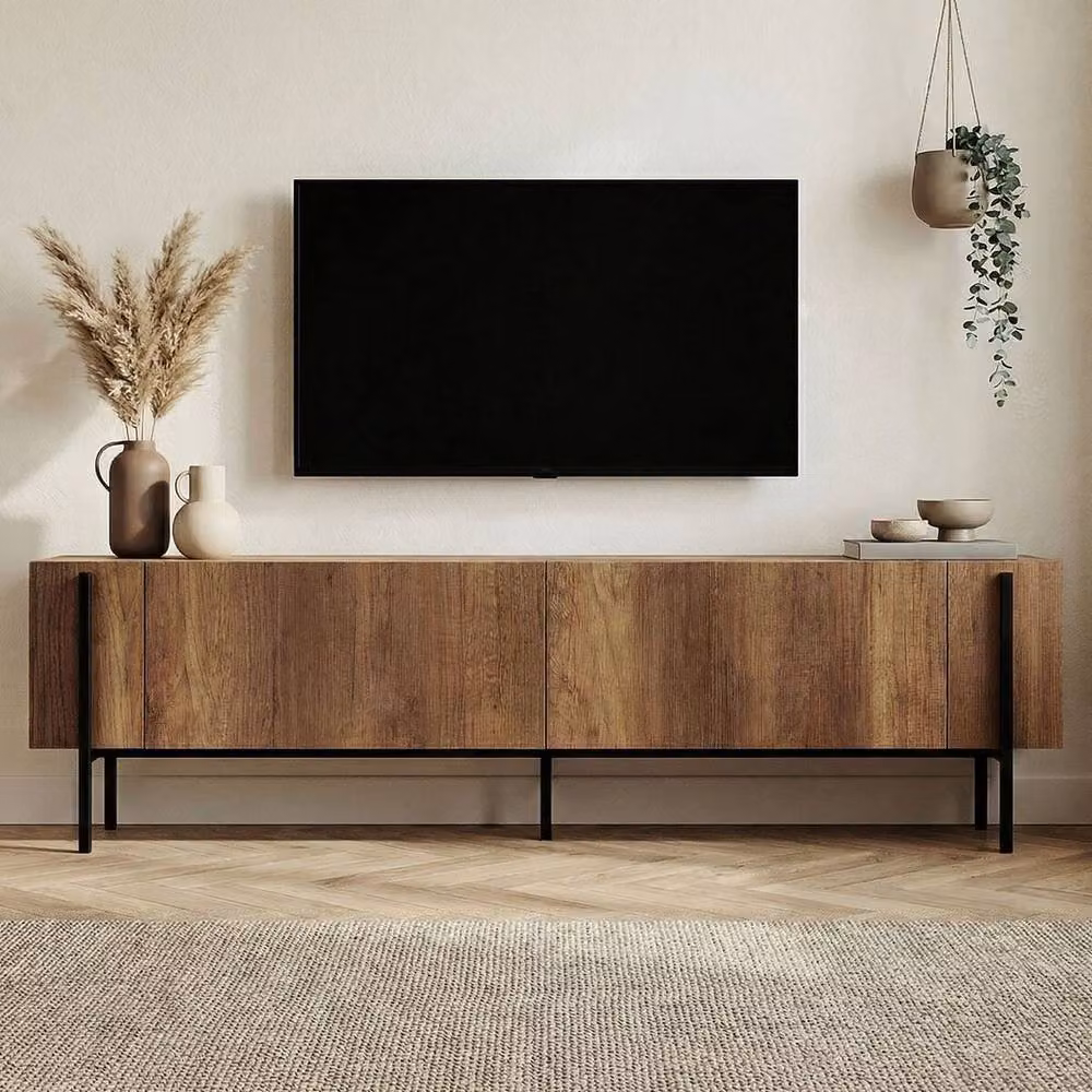 CALICOSY ATLAS TV Stand with 2 Drop-Down Doors and Metal Legs in Walnut, W: 180 cm, D: 45 cm, H: 30 cm – 2