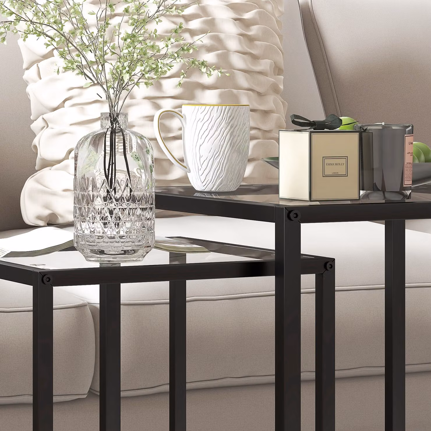 HOMCOM Set of 2 Nesting Side Tables with Tempered Glass Tops and Steel Frame, Black – 6