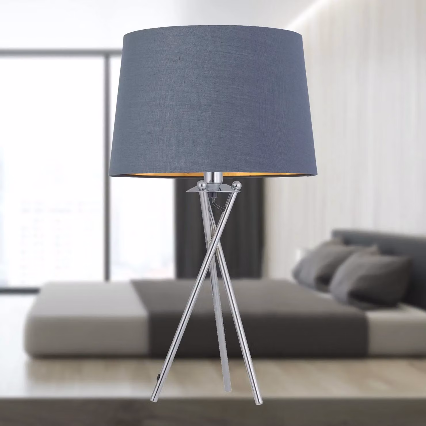 First Choice Lighting Set of 2 Chrome Tripod Lamps with Grey and Gold Fabric Shades – 4