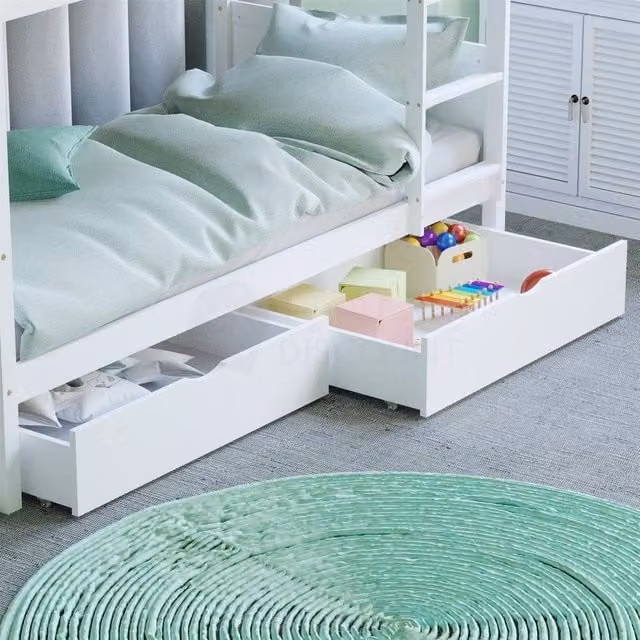 SPETLEK Solid Wood Underbed Storage Drawers with Castors, White, Cot Size