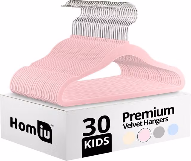 Homiu 30 Pack Non-Slip Velvet Kids Hangers with Swivel Hook, Pink