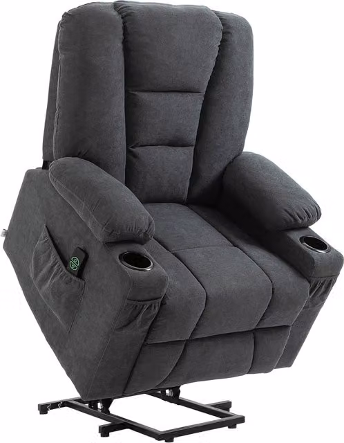 HOMCOM Oversized Fabric Upholstered Riser and Recliner Chair for Seniors in Grey with Remote Control, Side Pockets and Cup Holder – 1