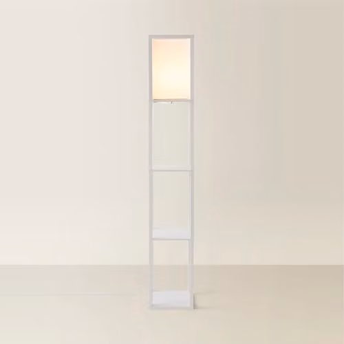 ValueLights Struttura White Wooden Floor Lamp with Fabric Shade and LED Bulb