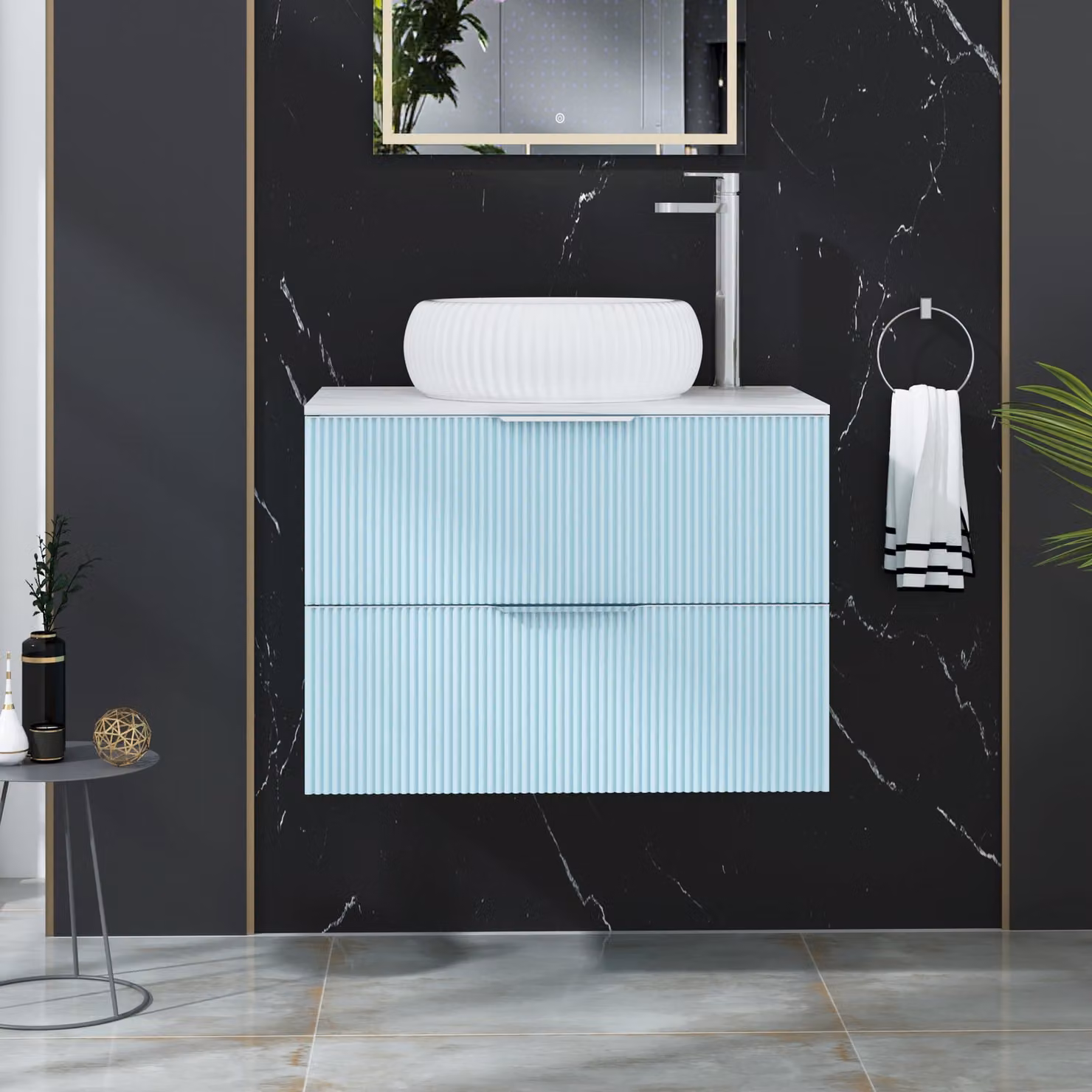 Royal Bathrooms Evora 700mm Powder Blue Fluted Wall Hung Countertop Vanity Unit with 2 Drawers and Milan Basin
