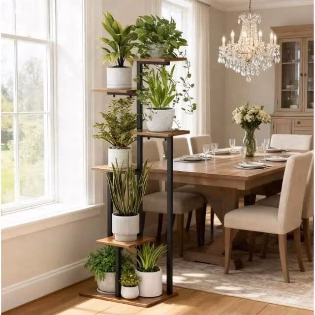 EONLION Vintage Brown Metal and Wood Plant Stand for Indoor and Outdoor Use, Height: 100 cm – 1