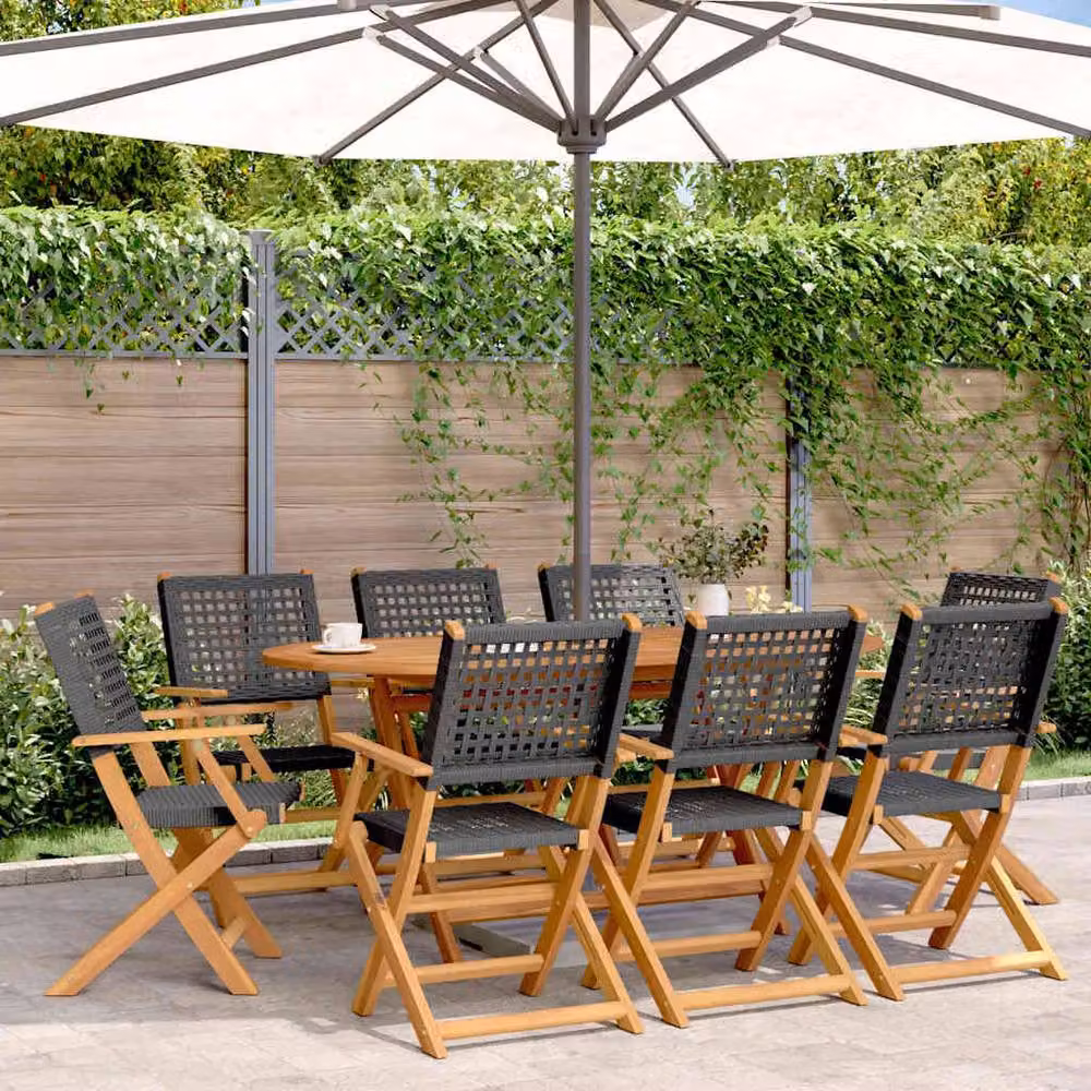Berkfield Home Beautiful Set of 8 Black Poly Rattan and Oiled Acacia Wood Folding Garden Chairs – 2