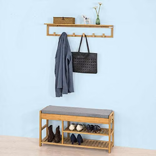 SoBuy Bamboo Shoe Rack and Hallway Bench with Grey Fabric Seat Cushion in Brown – 3