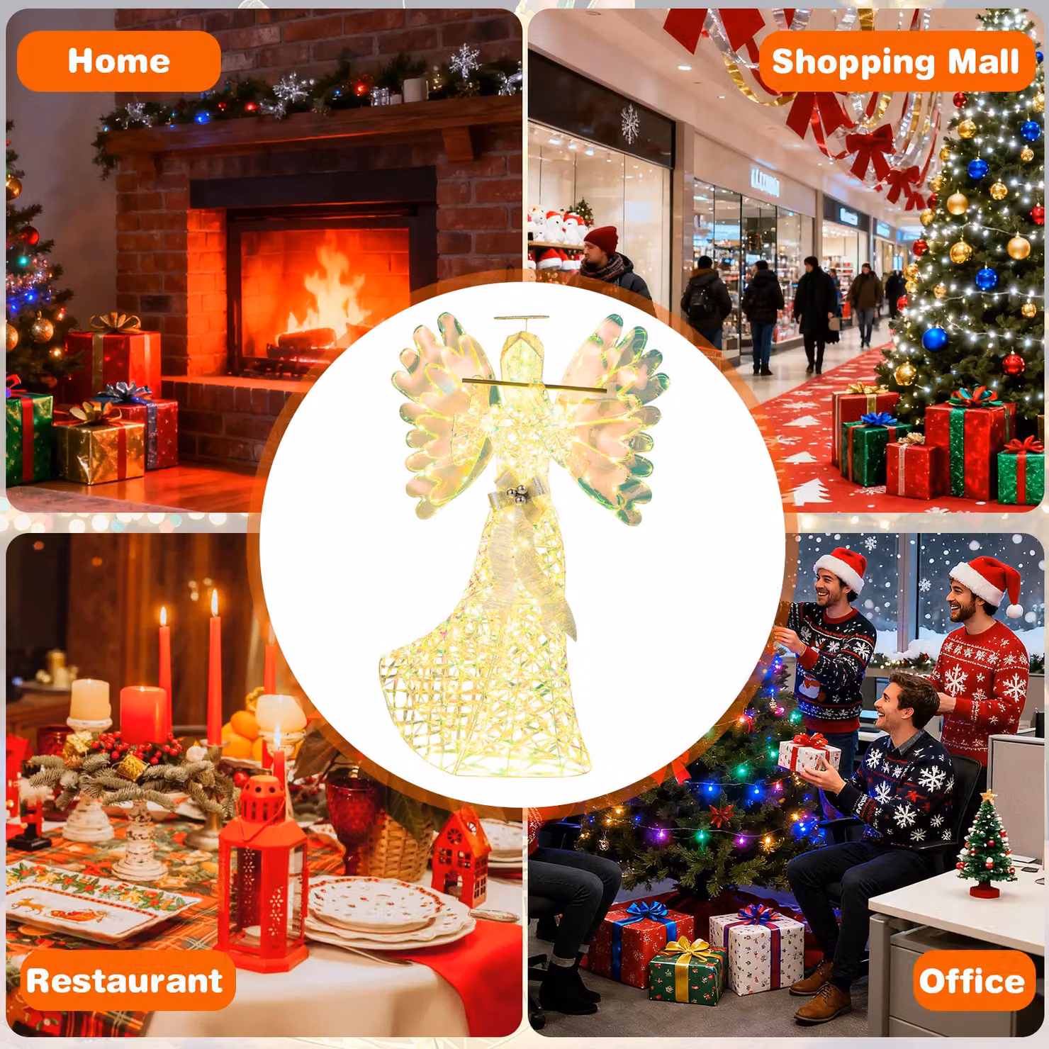 Costway 5.2 FT Lighted 3D Glittering Halo Angel Christmas Decoration in White and Multicolour – 7