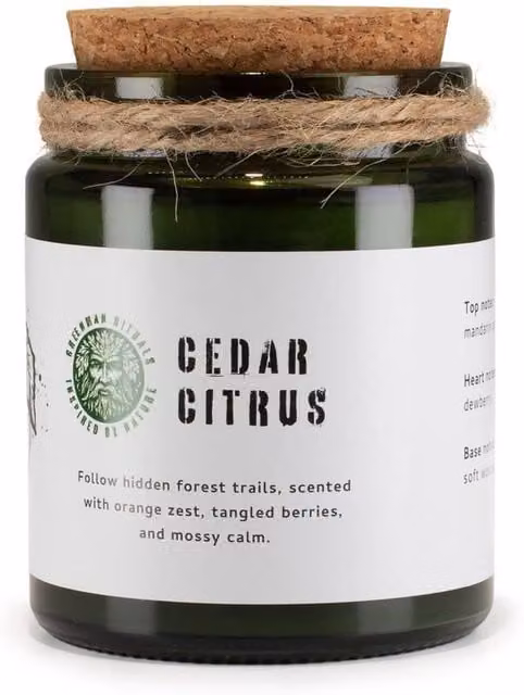 KDMD Greenman Cedar Citrus Soy Candle with Wood Wick Crackle in Green