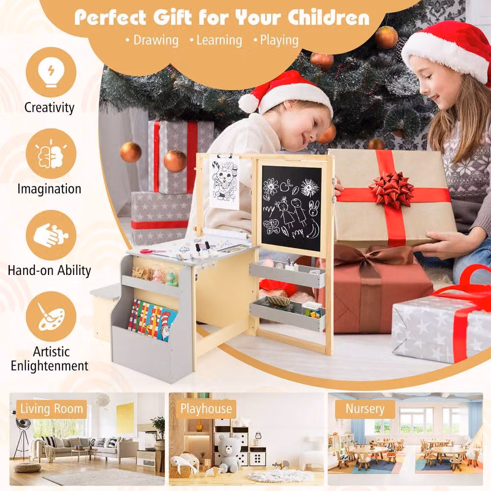 Costway Kids Wooden Art Easel, Table and Bench Set with Shelves in Grey – 4